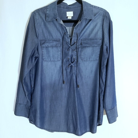 Chico's Chambray Long Sleeve Lace Up Front Top Size Large
